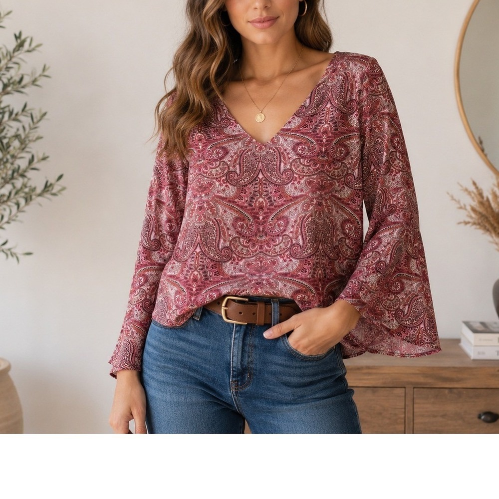 Vintage Fiorlini International Paisley Bell Sleeve Top Large Boho V-Neck Y2K 90s